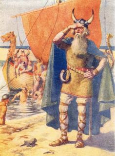 an illustration of a viking standing on the beach