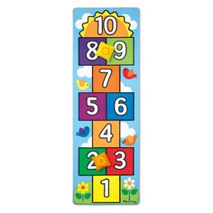 a colorful wooden wall hanging with numbers and birds on the top, in front of a white