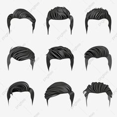 set of black hair styles for men with long and short hair, isolated on white background