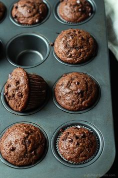 chocolate muffins in a cupcake pan ready to be eaten