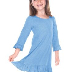 Adorable and sweet, this 3/4 sleeve dress features intricate ruffles on the sleeves and hem for a fanciful look. Made of cotton/poly 1x1 baby rib for a super soft touch and feel. Color: Blue.  Gender: female.  Age Group: infant. Blue 3/4 Sleeve Dress With Ruffles, Yellow Dress Casual, Black Flower Girl Dress, Skater Dresses Casual, Striped Print Dresses, Mesh Party Dress, Girls Stripes, Girls Dresses Summer, Kids Outfits Girls