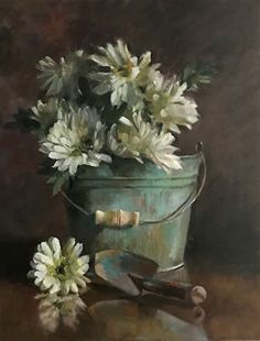 a painting of white flowers in a green bucket