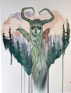 a painting of a woman with horns on her head and trees in the back ground