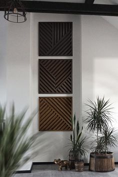 three potted plants sitting next to each other in front of a white wall with geometric designs on it