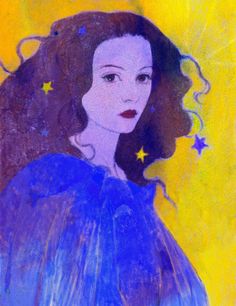 a painting of a woman with stars on her head and blue dress in front of a yellow background