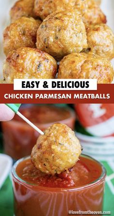 chicken parmesan meatballs on a skewer with ketchup and sauce