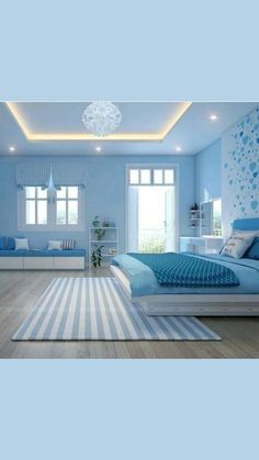 a bedroom with light blue walls and wooden flooring is pictured in this image, the room has a large rug on the floor