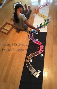 a woman sitting on the floor next to a train track with words written across it