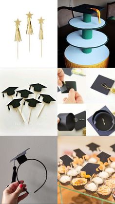 graduation decorations are shown in different stages of being made