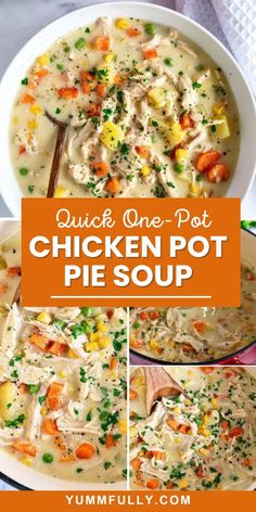 chicken pot pie soup in a white bowl