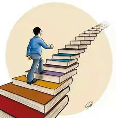 a man climbing up the stairs made out of books