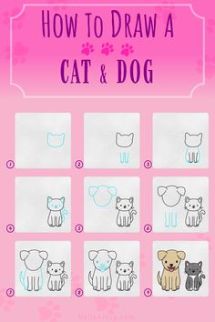 Step by step images demonstrating how to draw a Cat and Dog Drawing - A Drawing Lesson for Kids! Little Easy Drawings, Cat Drawing For Kids, Cat Drawing For Kid, Cat Drawing Simple, Cat Drawing Cute, Cat Step By Step, Cat Drawing Reference, Cat And Dog Drawing, Personal Drawings