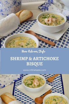 two bowls of shrimp and artichoke bisque on a blue and white tablecloth