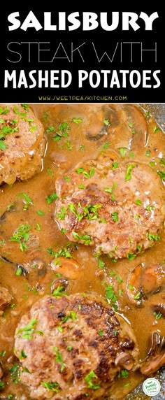 steak with mashed potatoes in a skillet on the stove and title text overlay