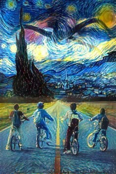 three people riding bikes in front of a painting