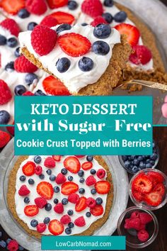 keto dessert with sugar free cookie crust topped with berries