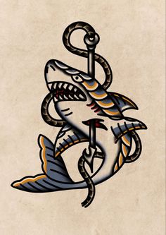 an anchor with a shark on it and a snake in the middle is drawn by hand