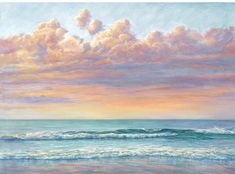 a pastel painting of the ocean with clouds in the sky and water on the beach