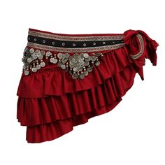 a woman's red skirt with silver coins on the bottom and black ribbon around the waist