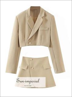 Women Beige Two Piece Skirt Set with Cropped Blazer Jacket and Wrap Mini Skirt Blazer E Short, Short Pollera, Blazer And Skirt Set, Women Blazer, Rock Outfit, Crop Blazer, Blazer And Skirt, Miniskirt Outfits, Blazer Set