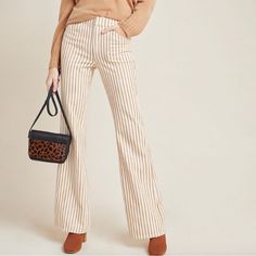 New Without Tags Size 32 Or Woman’s 14 Chic Beige Wide Leg Mid-rise Pants, Chic Beige Mid-rise Wide Leg Pants, Striped Wide-leg Pants For Fall, Striped Cotton Pants For Fall, Fall Striped High-waisted Pants, Striped Bottoms For Business Casual Fall Season, Fall Season Striped Bottoms For Business Casual, Striped Trousers For Fall, Chic Orange Cotton Pants