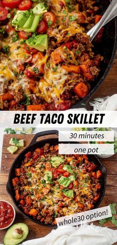 two pictures with different types of food in them and the words beef taco skillet