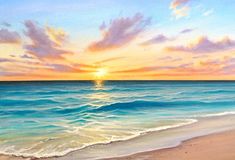 a painting of the sun setting over the ocean