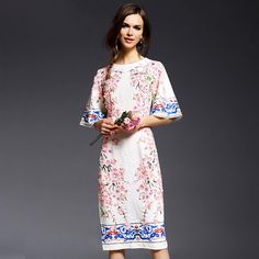 White Flower Appliques Half Flare Sleeve Vintage Printed Straight Knee-length Dress - Uniqistic.com First Date Dress, Engagement Party Dresses, 2017 Summer, Gowns Of Elegance, Flower Applique, Unique Dresses, Bohemian Dress, White Flower, Hot Deals