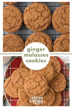 ginger molasses cookies on a cooling rack with the words clean eating above them