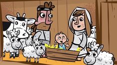 a man and woman are standing in front of sheep with a baby on their lap