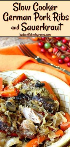 slow cooker german pork ribs and sauerkraut on a plate with carrots