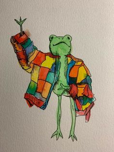 a drawing of a frog wearing a colorful jacket