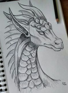 a pencil drawing of a dragon head on top of a notepad next to a pen