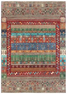 a multicolored rug with many different patterns