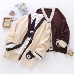 Material: Cotton Color: Beige . Brown Size Info: One Size Bust 120 cm . Length 70 cm . Shoulder 50 cm Cream Long Sleeve Outerwear For Layering, Beige Long Sleeve Outerwear For Layering, Outer Korean Style, Fem Clothes, Bear Cardigan, Bear Clothes, Plain Jacket, Kawaii Bear, Emo Girl