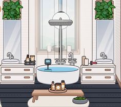 the bathroom is decorated in white and has plants on the window sill above the bathtub