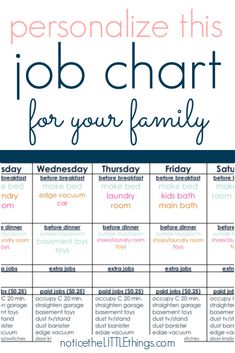 a printable job chart with the words, personalize this job chart for your family