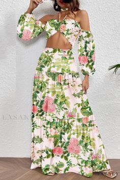 Lasaky - Chic Floral Print Two-Piece Dress Set Featuring a Belted Crop Top and Maxi Skirt Long Sleeve Halter Top, Off Shoulder Long Dress, Beach Holiday Dresses, Printed Long Skirt, Ruffle Maxi Skirt, Flowy Maxi Skirts, Maxi Rok, Backless Crop Top, Crop Top Dress