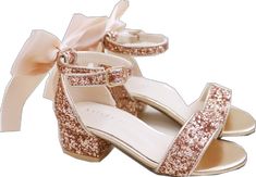 Pink Glitter Party Sandals, Cute Ankle Strap Sandals For Party, Glitter-accented Sandals With Round Toe For Prom, Gold Party Sandals With Bow, Gold Sandals With Bow For Party, Cute Pink Party Sandals, Summer Wedding Sandals With Glitter Accents, Girls Heels, Glitter Heels