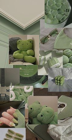 a collage of photos with green and white items in them, including a teddy bear