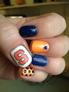 Syracuse University Nails, Syracuse Nails, Orange Nails Art, School Spirit Nails, University Nails, Cool Nail Ideas, College Nails, Spirit Nails, Bright Orange Nails