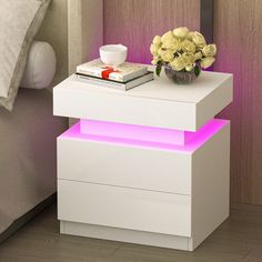 PRICES MAY VARY. 💡NIGHTSTAND WITH RGB LED STRIP LIGHTS: This bedside table come with nice multi-colour RGB led backlight. The color of the strip is variable according to needs and scences. Make your Room looks more modern and fashionable. The light strip is controlled by an infrared remote control (16 RGB colors, 4 Twinkle mode, 10 levels of dynamic speed, 15 levels of brightness adjustment) 🛌FUNCTIONAL STORAGE SPACE: With 2 drawers and the smooth top, this night stand offers within-reach stor White Night Stand, Stand For Bedroom, Drawer Table, Nightstand Set Of 2, Side Table With Drawer, Kids Nightstand, Modern Bedside, Modern Bedside Table, Dorm Room Inspiration