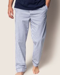 These pants were made with a traditional French ticking design. This classic pattern is here to stay, with no frills just clean, crisp lines and accented with navy piping. The fabric is made from 100% of the finest quality cotton. It is yarn-dyed to prevent fade and brushed for added softness making the sleepwear feel absolutely luxurious, getting cozier after each wash. You will be tucked in luxury and off to dreamland. Bonne nuit. Striped Cotton Loungewear Bottoms, Striped Cotton Lounge Bottoms, Cotton Trousers For Daywear, Blue Cotton Pants With Straight Hem, Cotton Straight Pants For Daywear, Navy Cotton Trousers, Straight Cotton Pants For Daywear, Blue Cotton Bottoms With Straight Hem, Striped Linen Pants For Loungewear