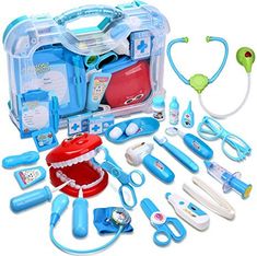 the toy doctor's kit is packed with medical supplies and tools for children to use