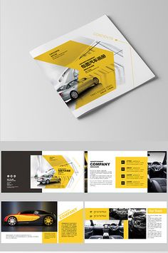 a yellow and black brochure with cars on it