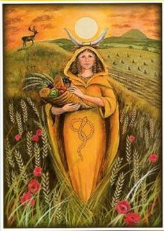 a painting of a woman holding a bird in her arms and standing in a field