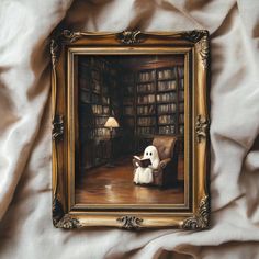 a painting of a dog sitting in front of a bookshelf with a lamp on it