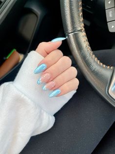 Blue Nails With Pearls On Them, Blue Chrome Nails With Rhinestones, Blue Sparkly Tips Nails, Sly Blue Nails, Birthday Nails Almond Blue, Blue Chrome Nails With Design, Miami Blue Nails, Baby Blue Nail Design Ideas, Winter Frost Nails