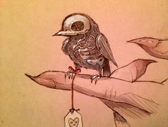 a drawing of a bird sitting on top of a tree branch with a tag attached to it