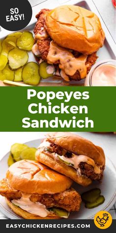 chicken sandwich with pickles on the side and an easy recipe to make it at home